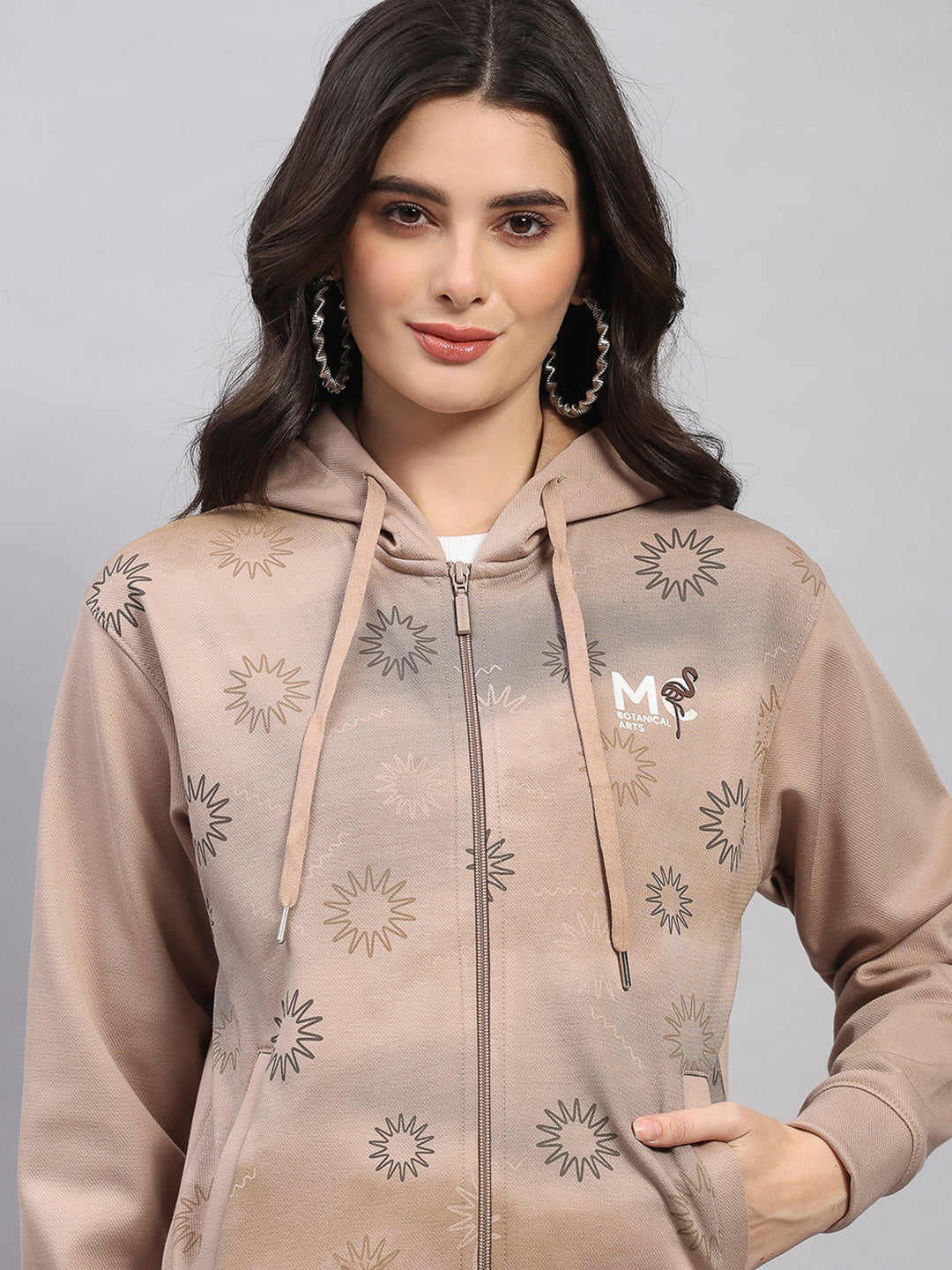 Women Camel Brown Printed Hooded Full Sleeve Sweatshirt