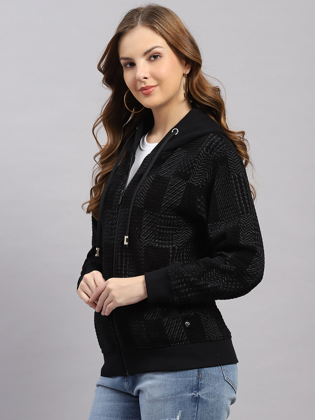 Women Grey Self Design Hooded Full Sleeve Sweatshirt