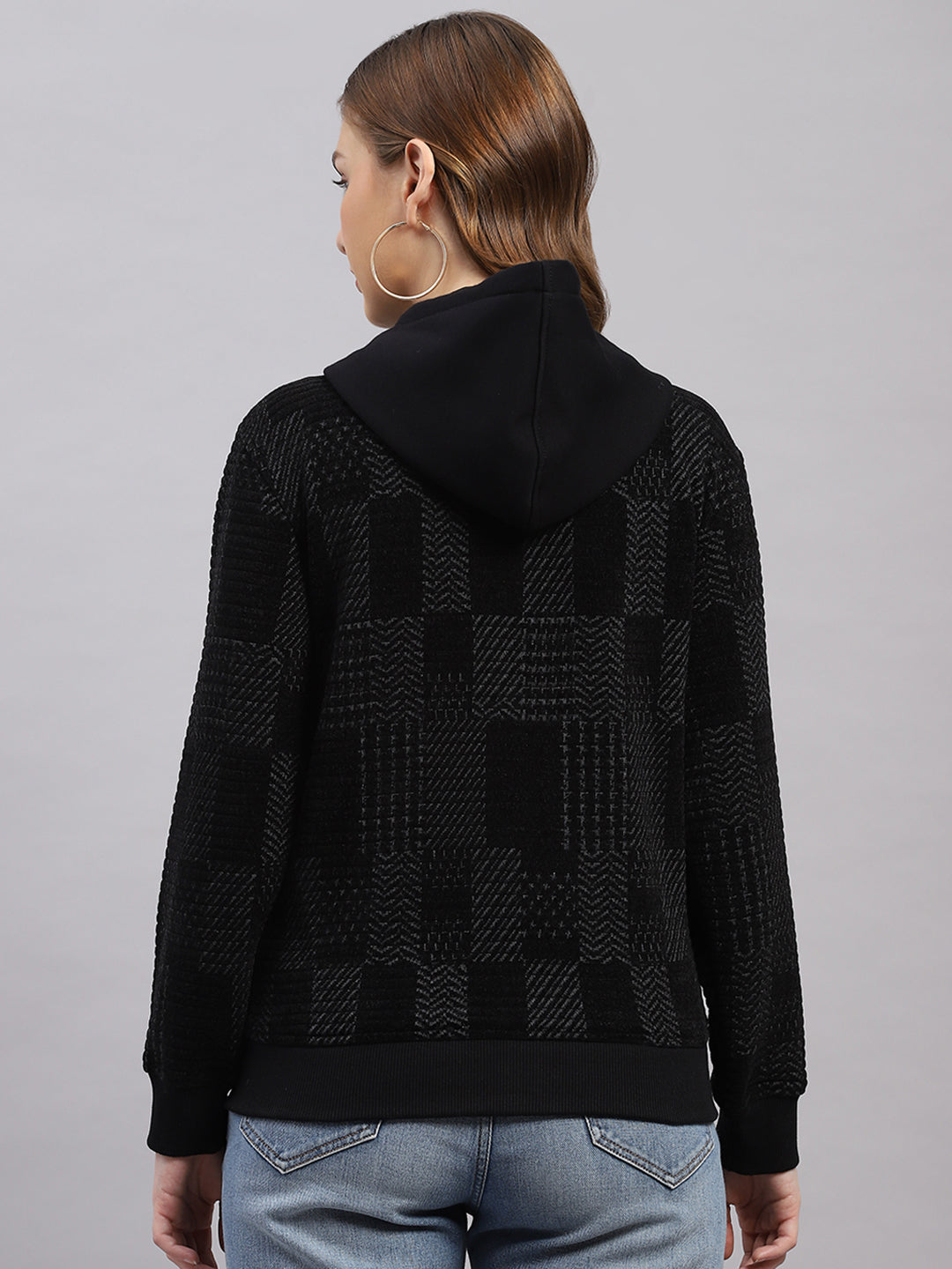 Women Grey Self Design Hooded Full Sleeve Sweatshirt