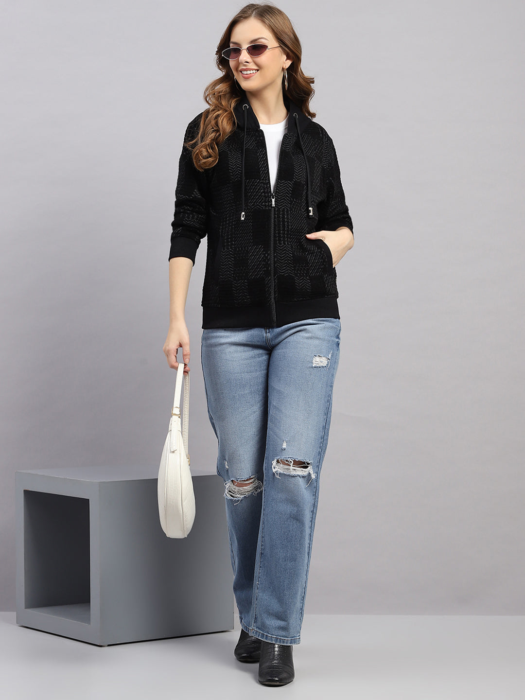 Women Grey Self Design Hooded Full Sleeve Sweatshirt