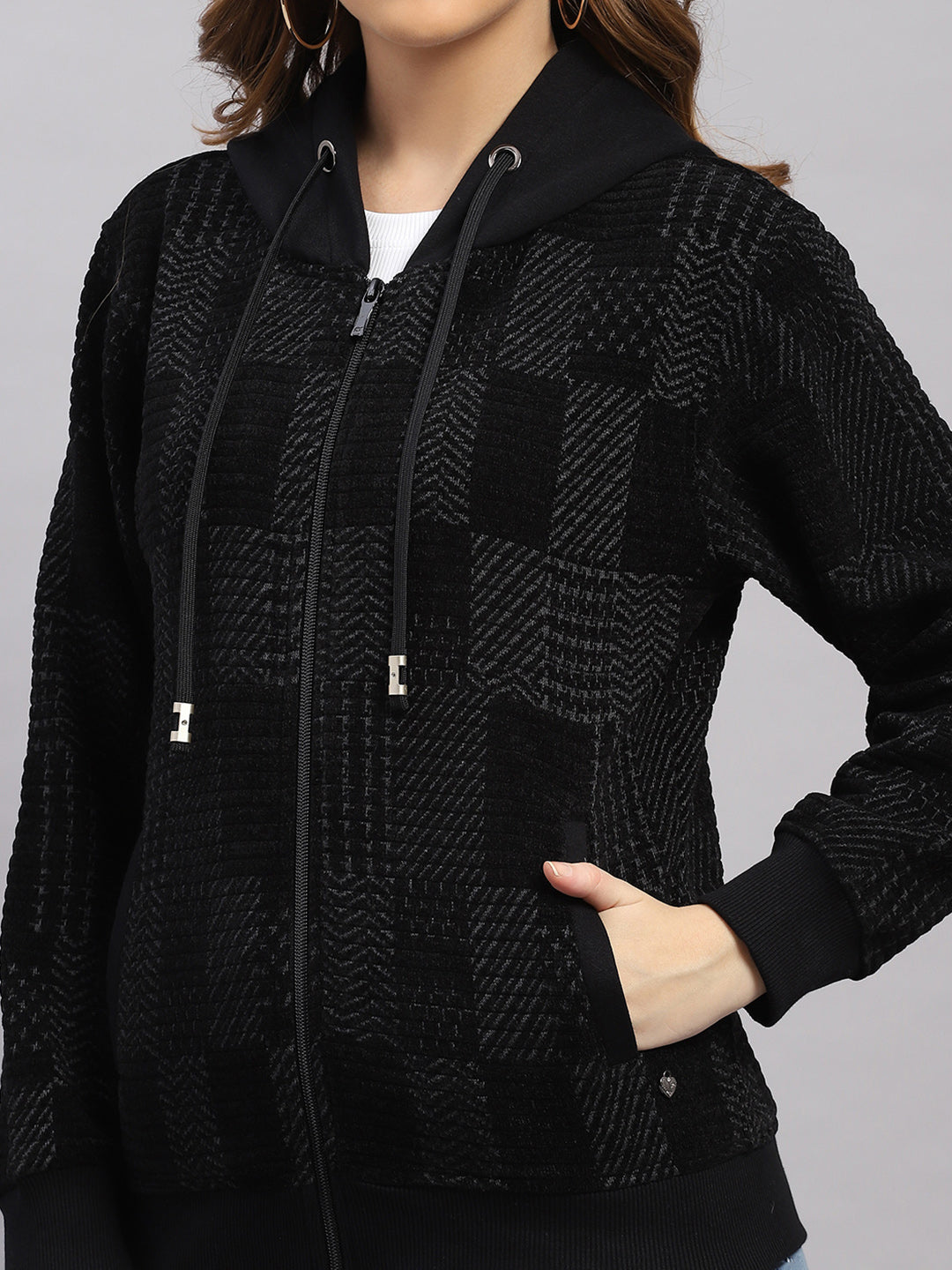 Women Grey Self Design Hooded Full Sleeve Sweatshirt