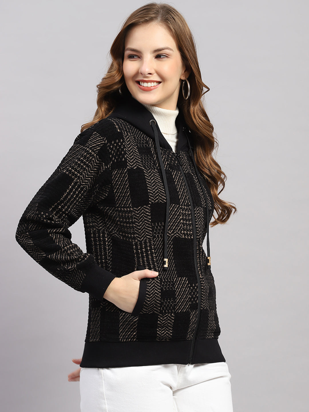 Women Brown Self Design Hooded Full Sleeve Sweatshirt