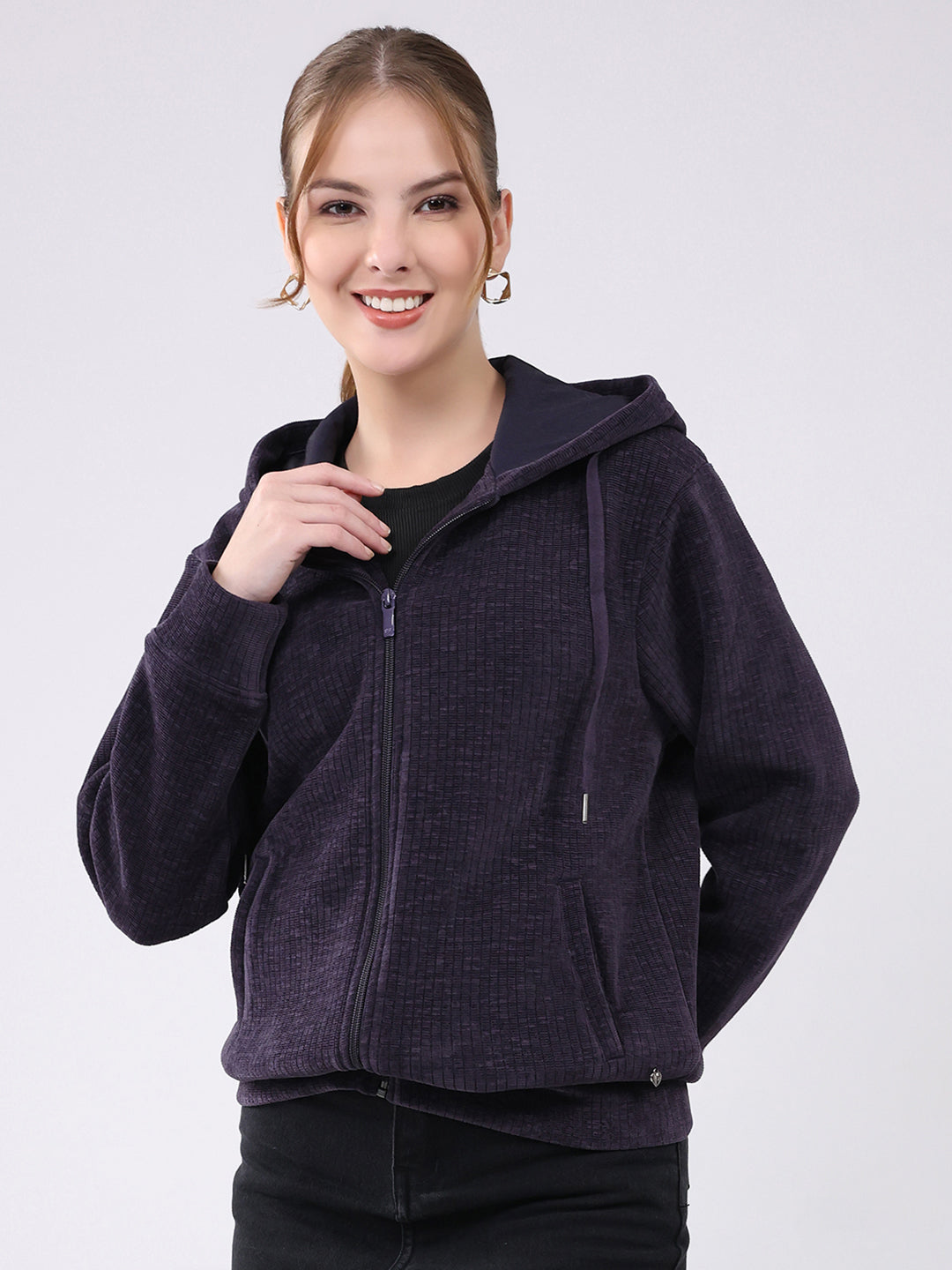 Women Purple Self Design Hooded Full Sleeve Sweatshirt