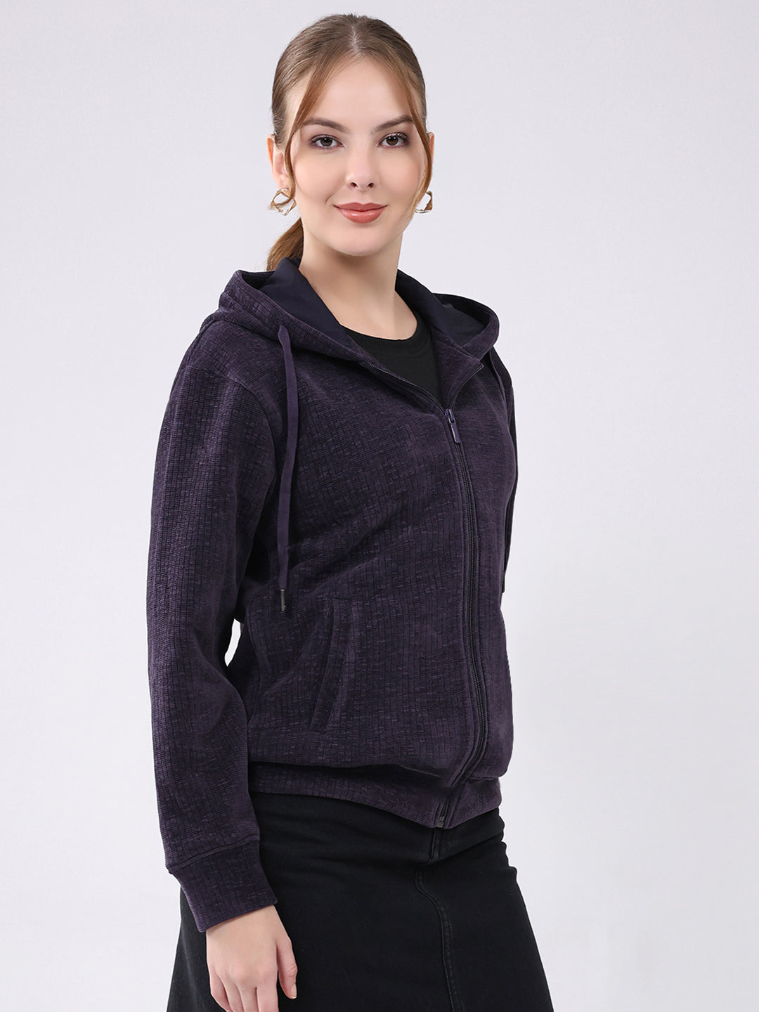 Women Purple Self Design Hooded Full Sleeve Sweatshirt