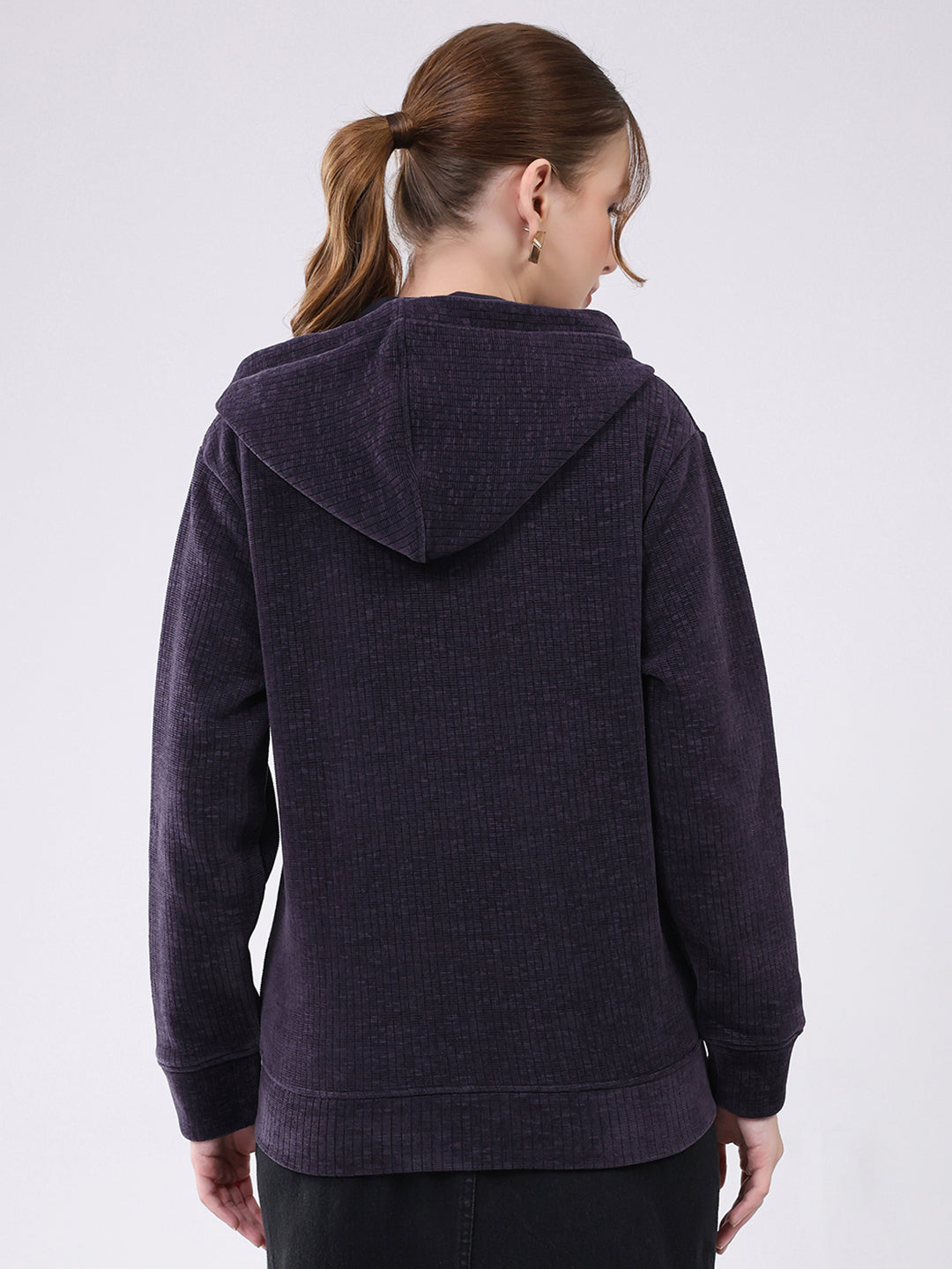 Women Purple Self Design Hooded Full Sleeve Sweatshirt