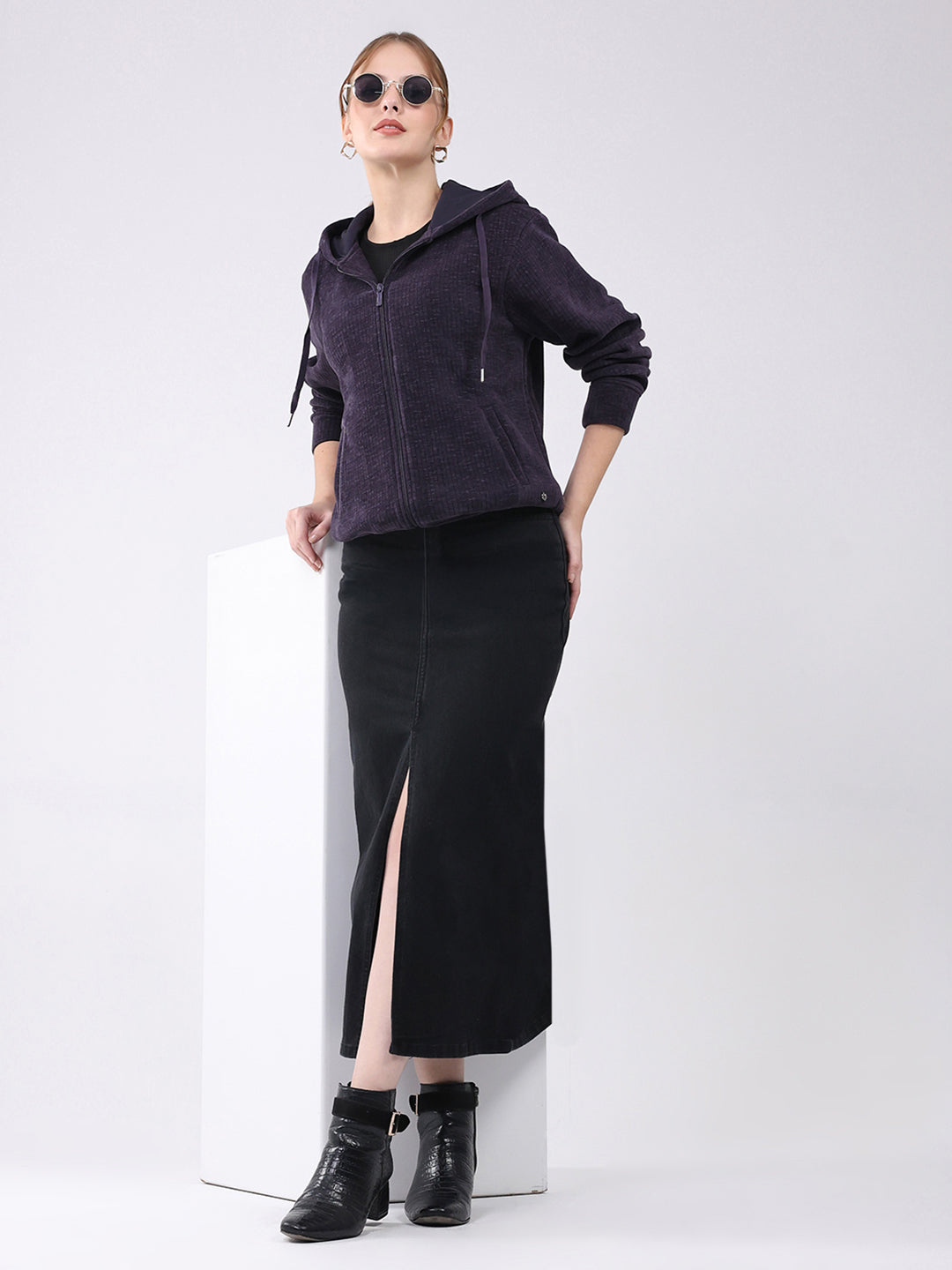 Women Purple Self Design Hooded Full Sleeve Sweatshirt
