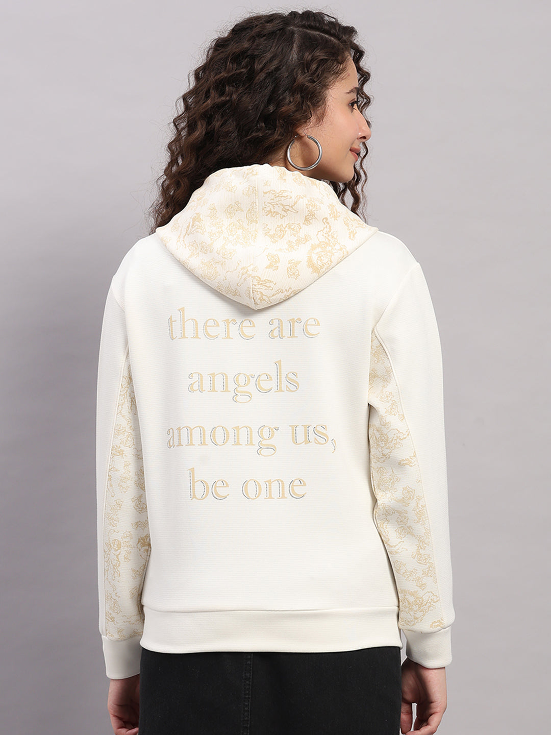 Women Cream Printed Hooded Full Sleeve Sweatshirt