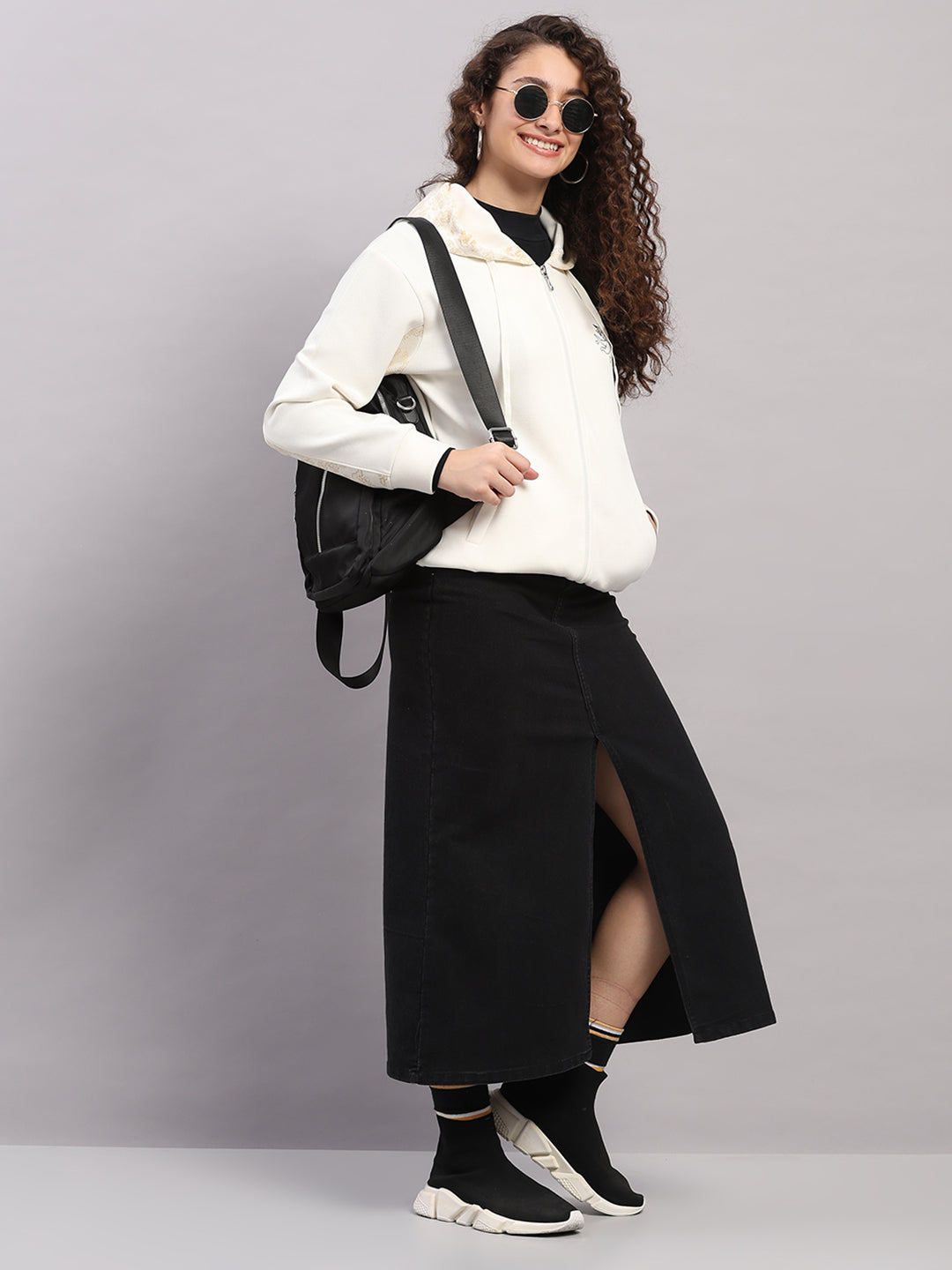 Women Cream Printed Hooded Full Sleeve Sweatshirt