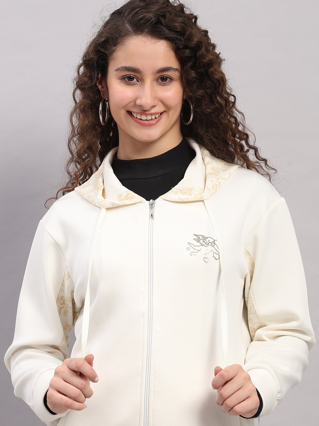 Women Cream Printed Hooded Full Sleeve Sweatshirt