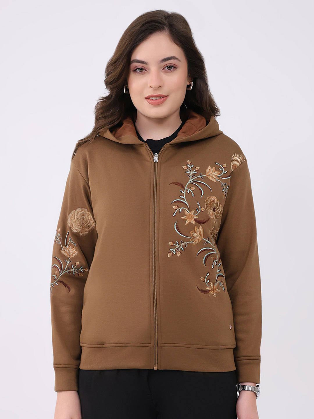 Women Brown Embroidered Hooded Full Sleeve Sweatshirt
