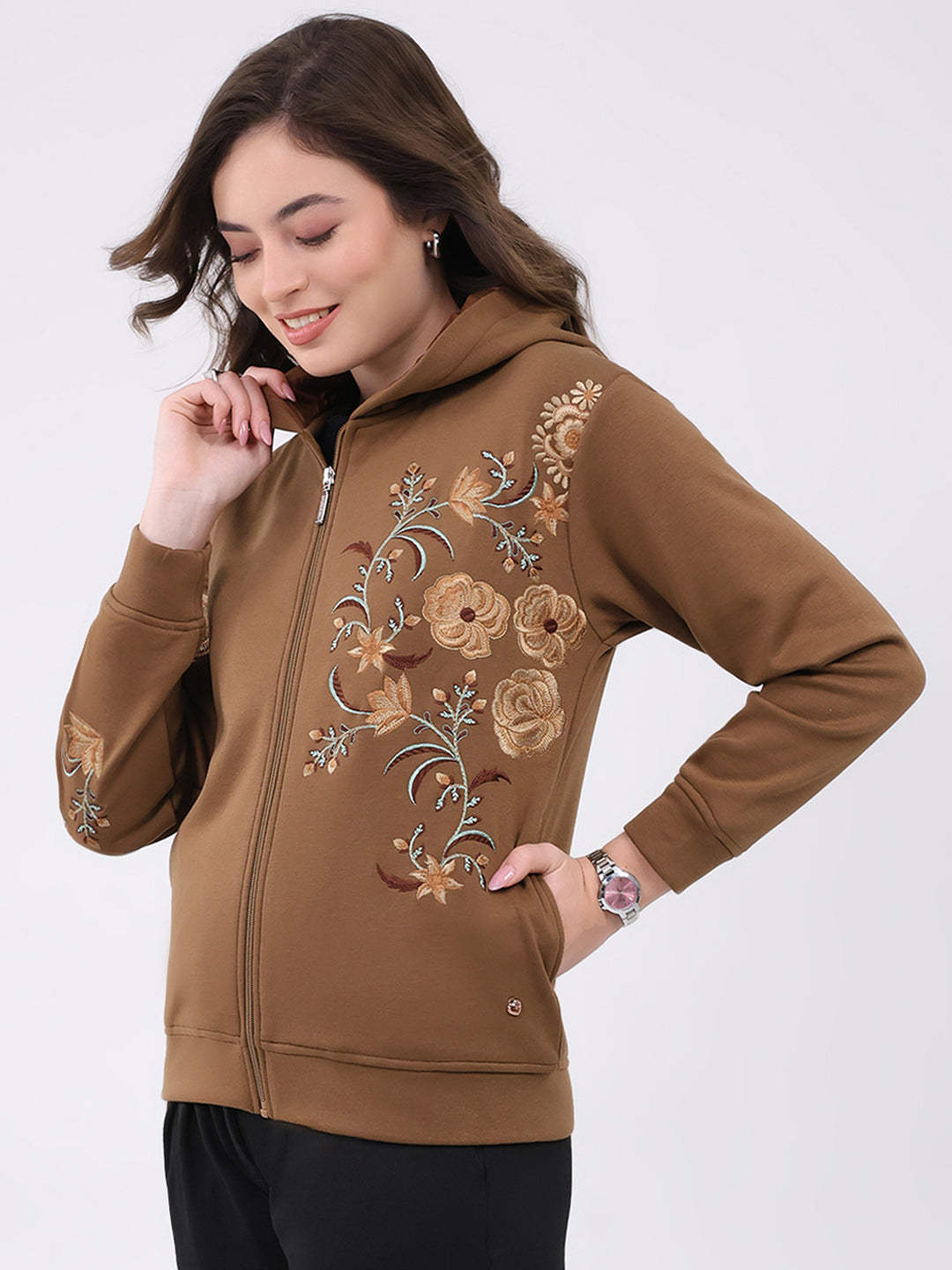 Women Brown Embroidered Hooded Full Sleeve Sweatshirt