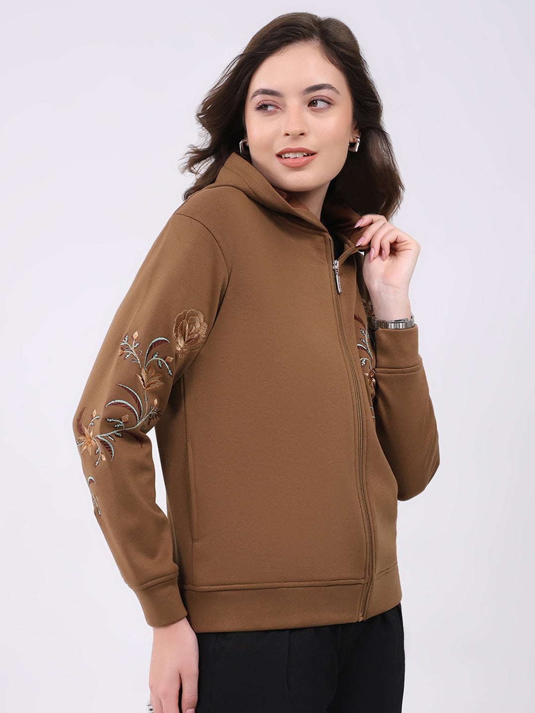Women Brown Embroidered Hooded Full Sleeve Sweatshirt