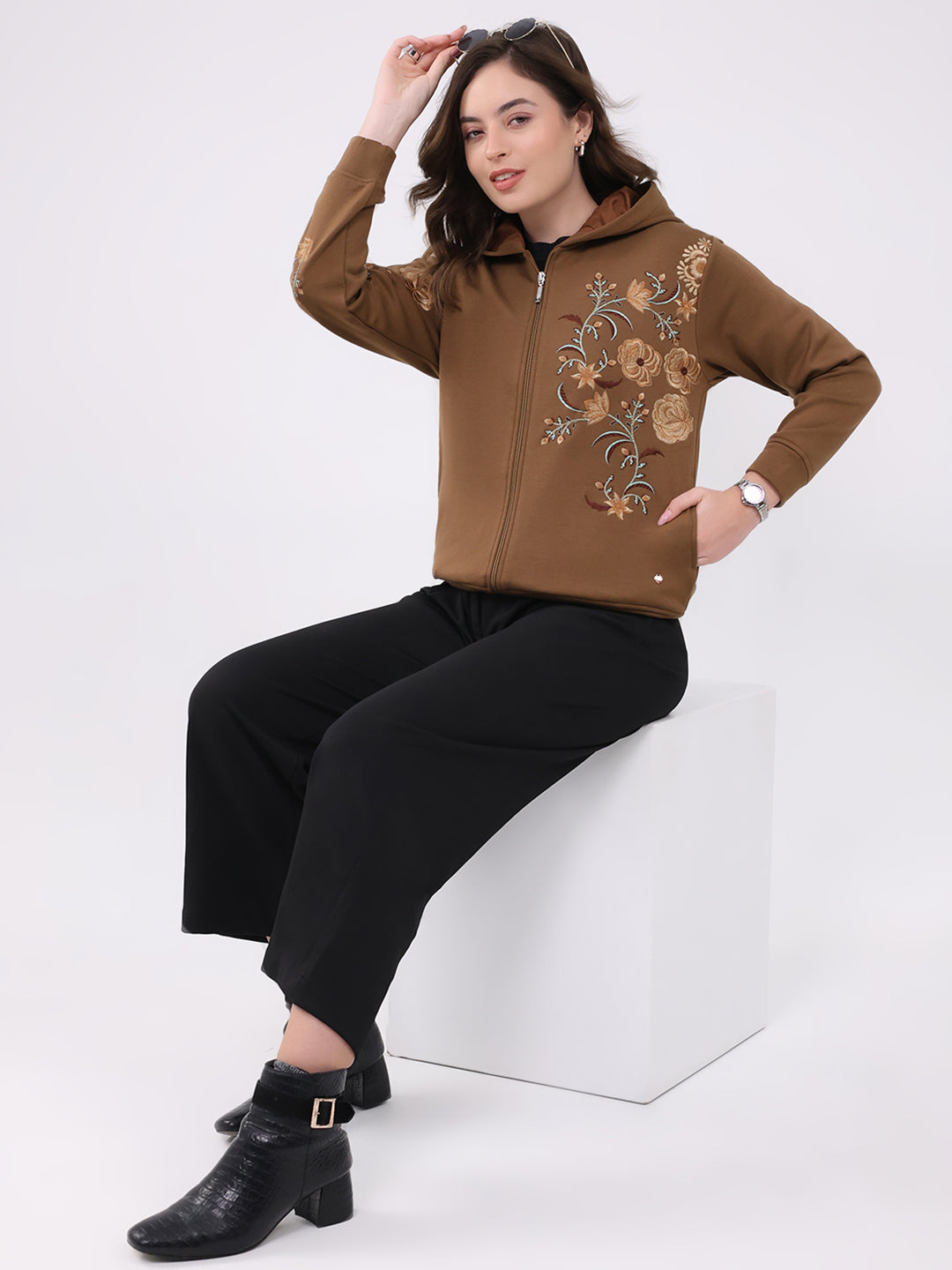 Women Brown Embroidered Hooded Full Sleeve Sweatshirt