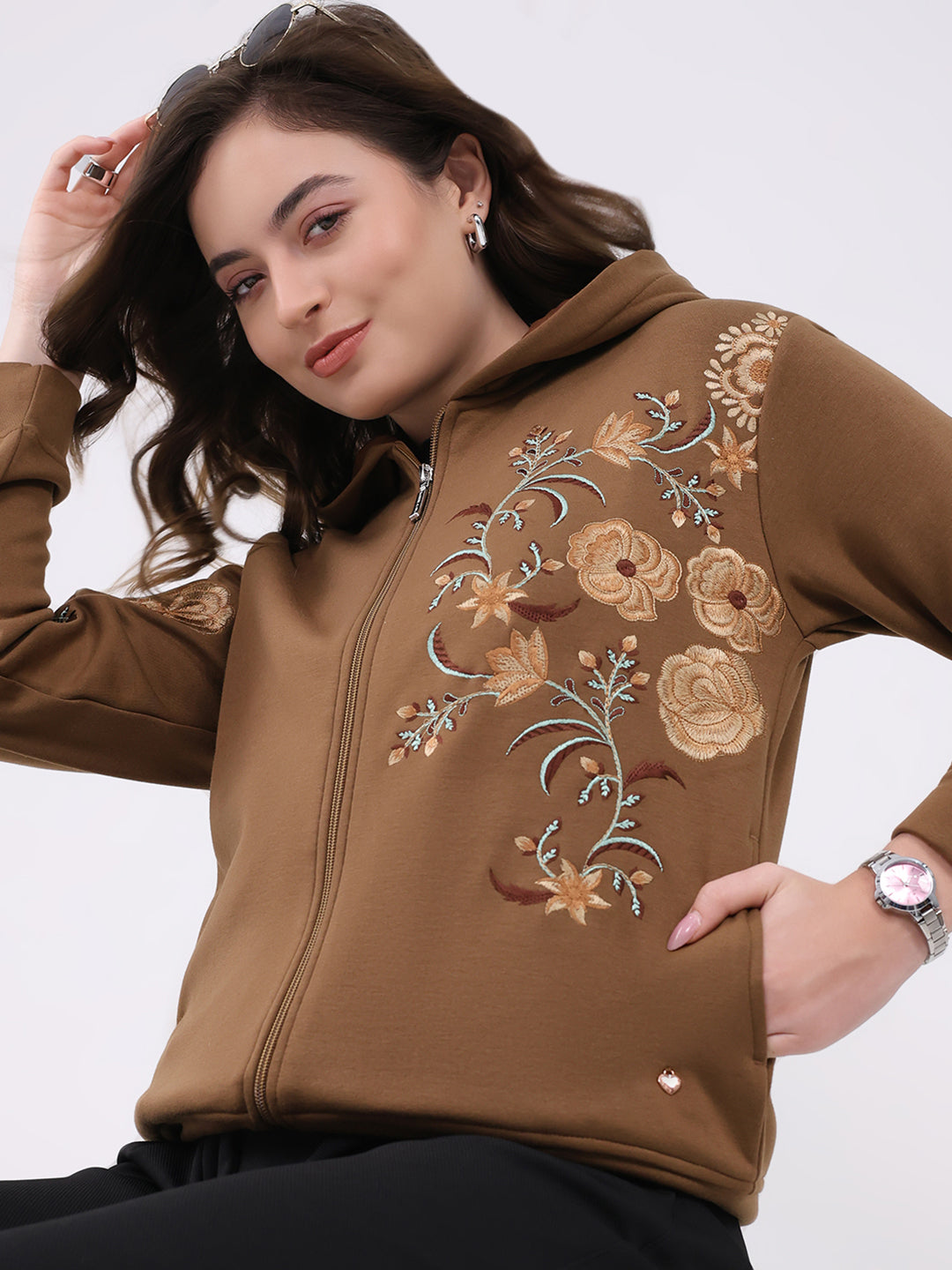 Women Brown Embroidered Hooded Full Sleeve Sweatshirt