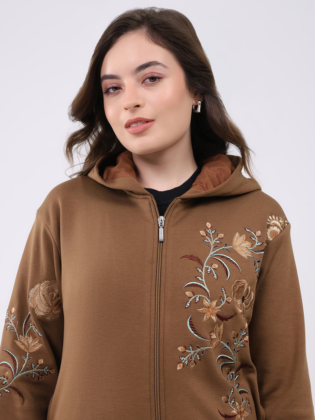 Women Brown Embroidered Hooded Full Sleeve Sweatshirt
