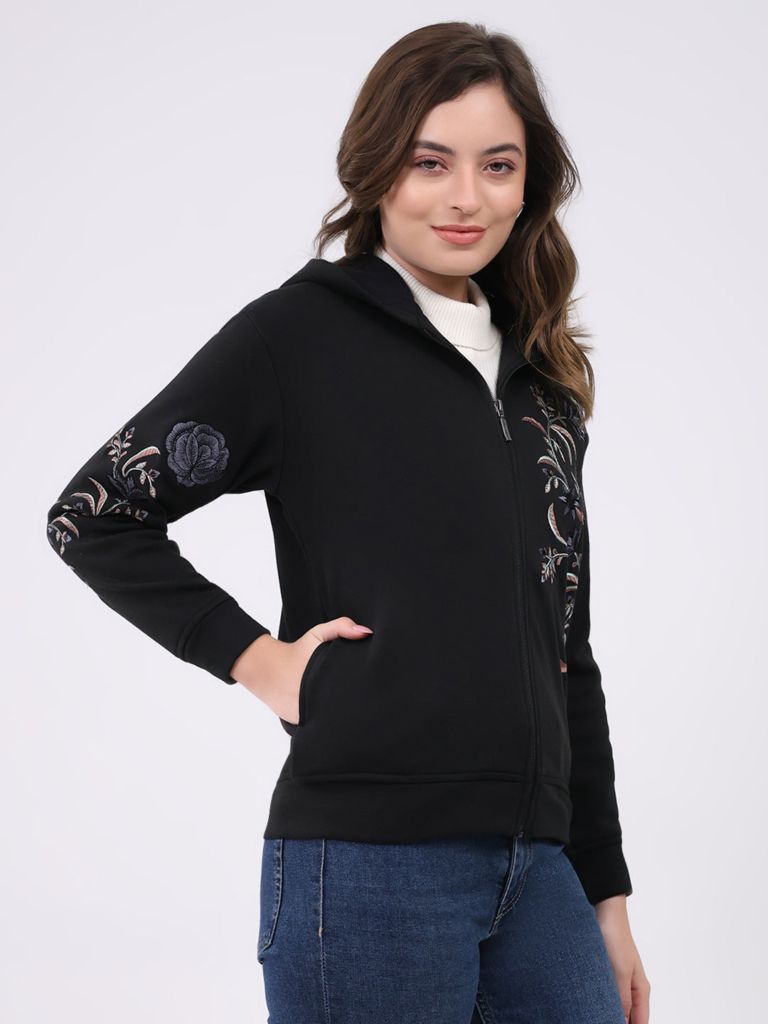 Women Black Embroidered Hooded Full Sleeve Sweatshirt