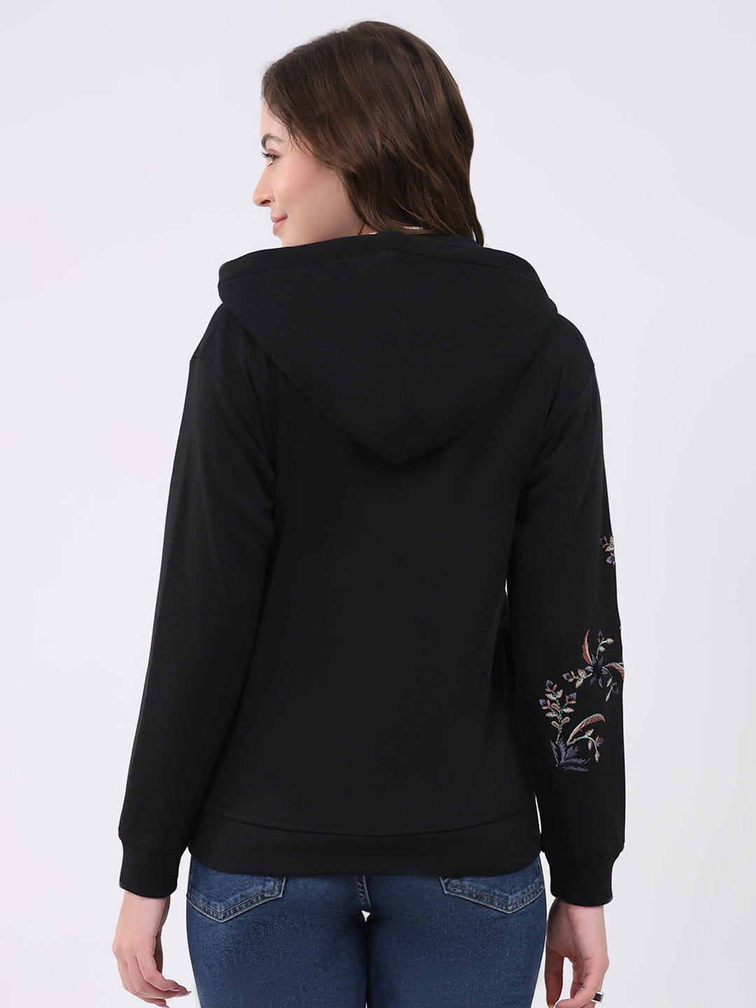 Women Black Embroidered Hooded Full Sleeve Sweatshirt