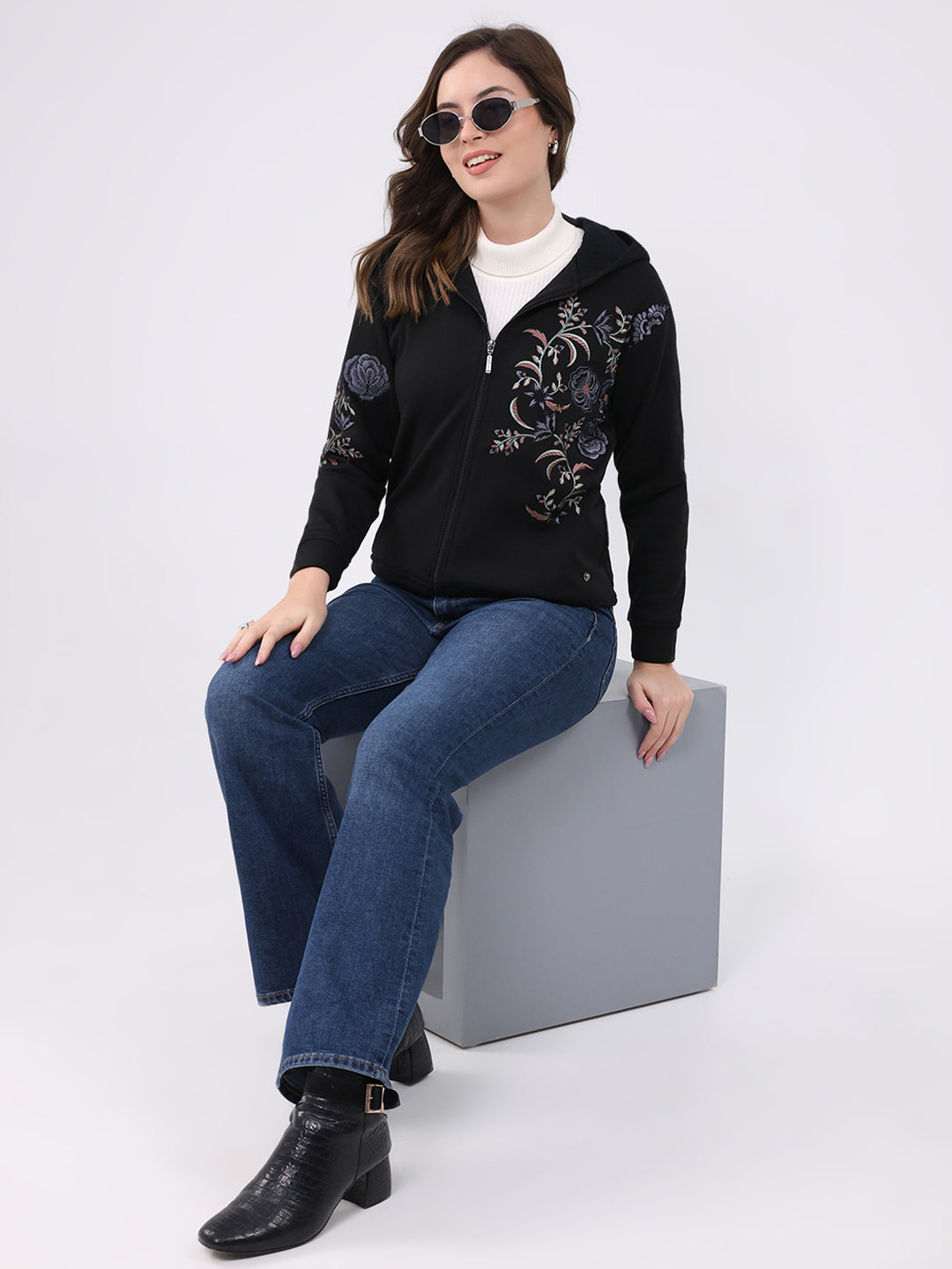 Women Black Embroidered Hooded Full Sleeve Sweatshirt