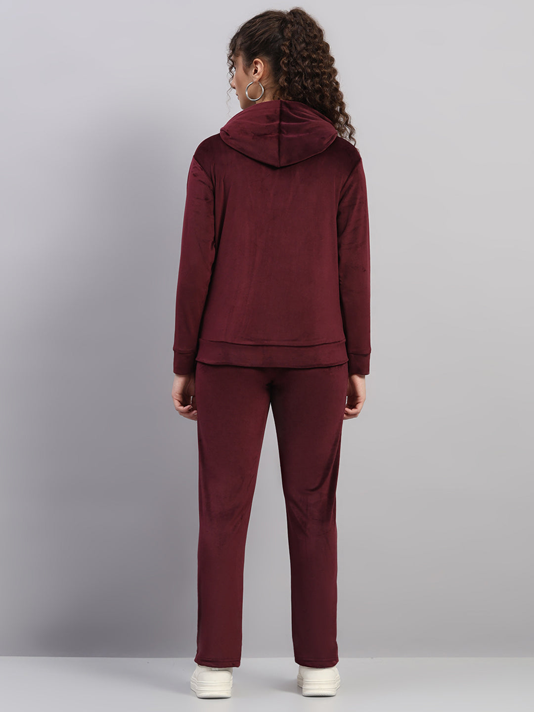 Women Burgundy Solid Hooded Full Sleeve Winter Tracksuit