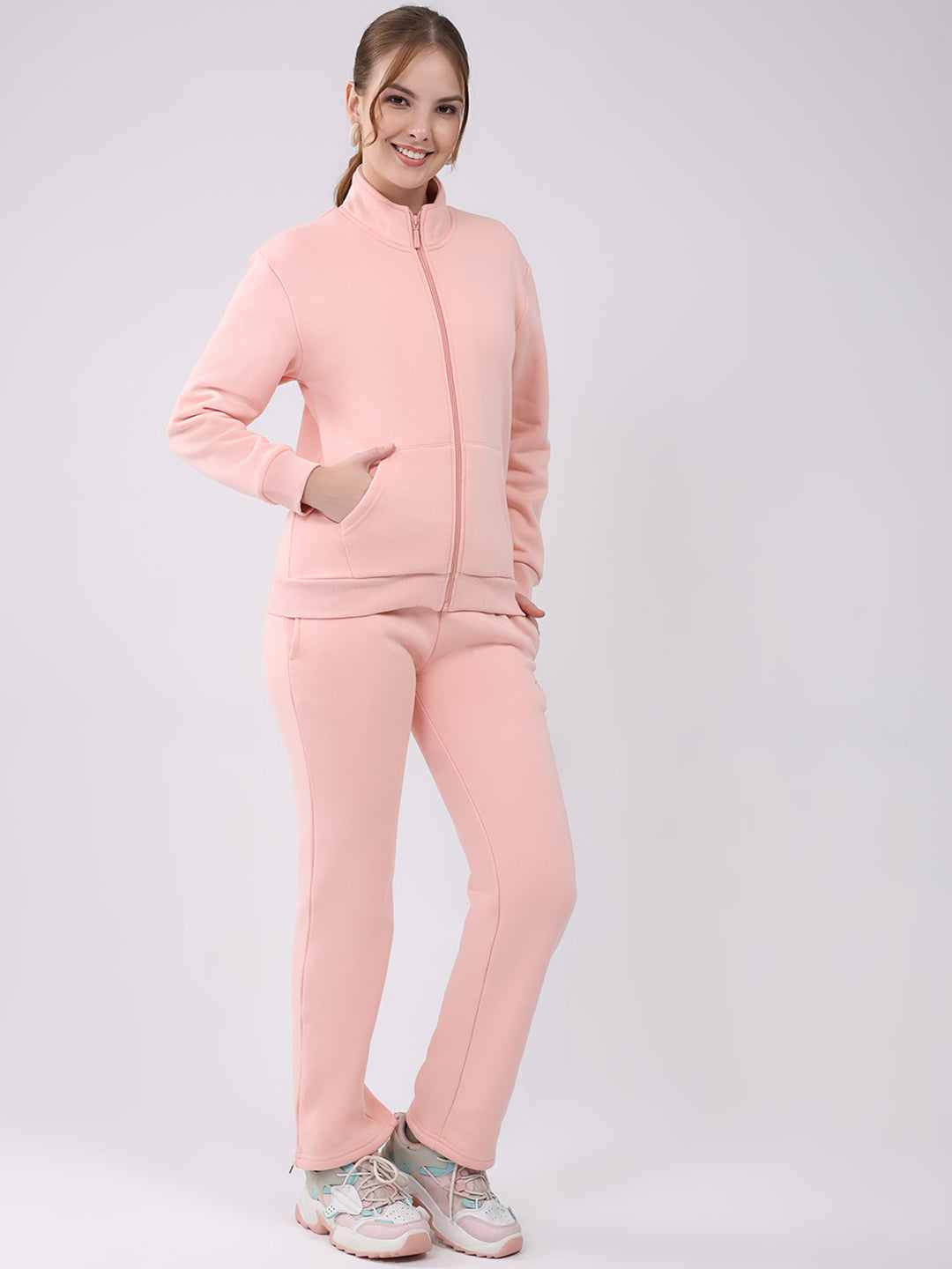 Women Peach Solid Mock Neck Full Sleeve Winter Tracksuit