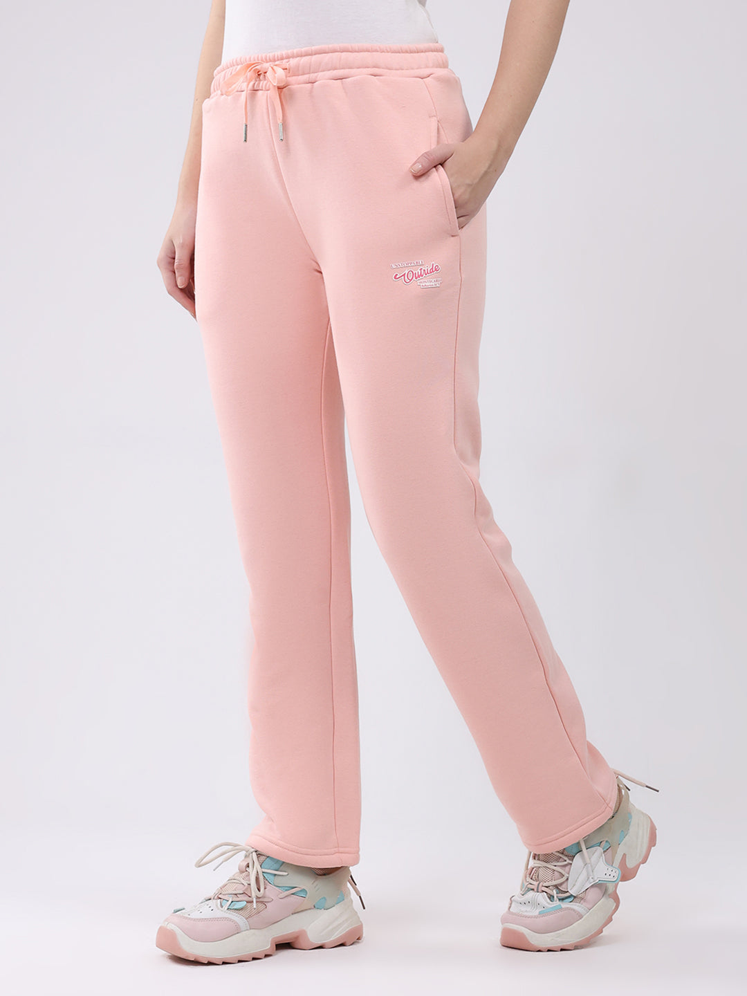 Women Peach Solid Mock Neck Full Sleeve Winter Tracksuit