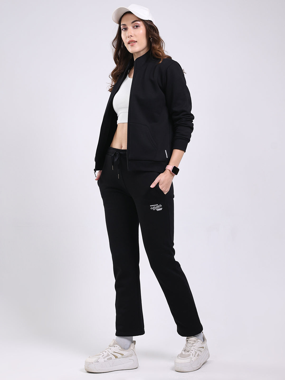 Women Black Solid Mock Neck Full Sleeve Winter Tracksuit