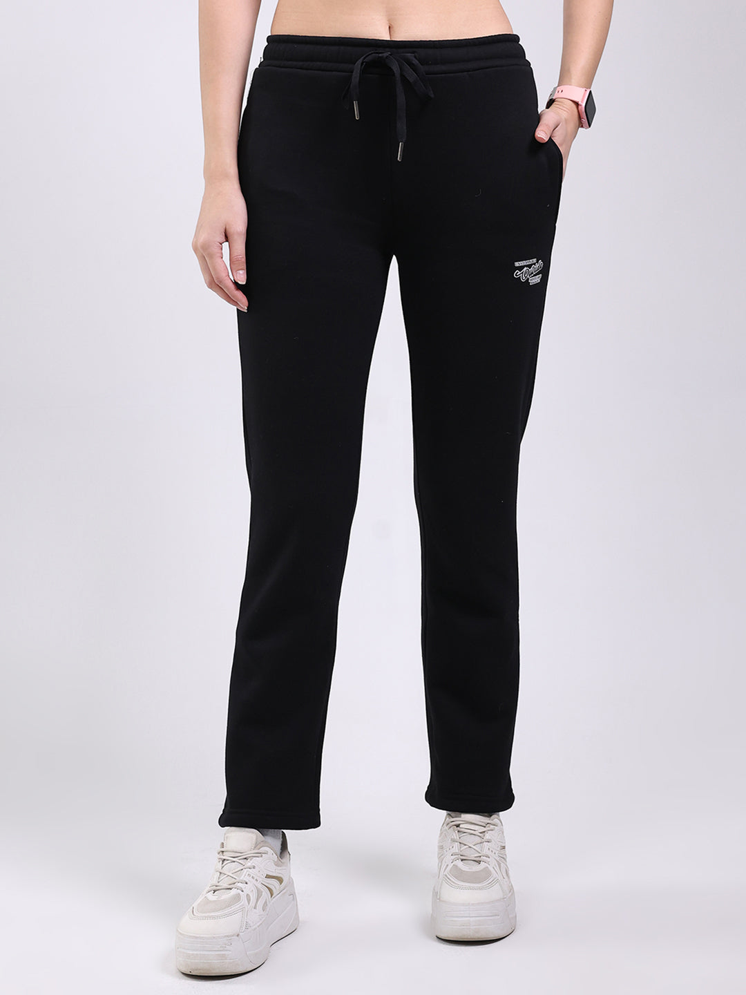 Women Black Solid Mock Neck Full Sleeve Winter Tracksuit