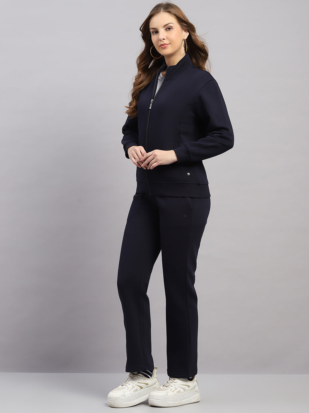 Women Navy Blue Solid Mock Neck Full Sleeve Winter Tracksuit