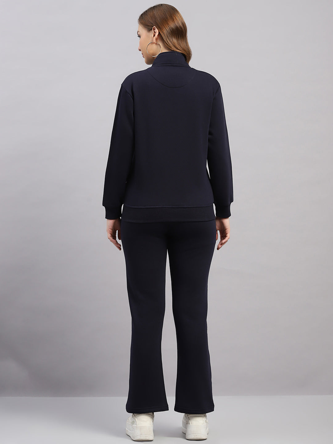 Women Navy Blue Solid Mock Neck Full Sleeve Winter Tracksuit