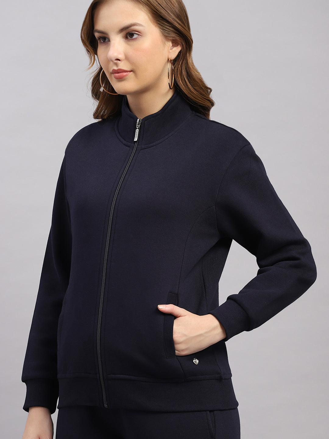 Women Navy Blue Solid Mock Neck Full Sleeve Winter Tracksuit