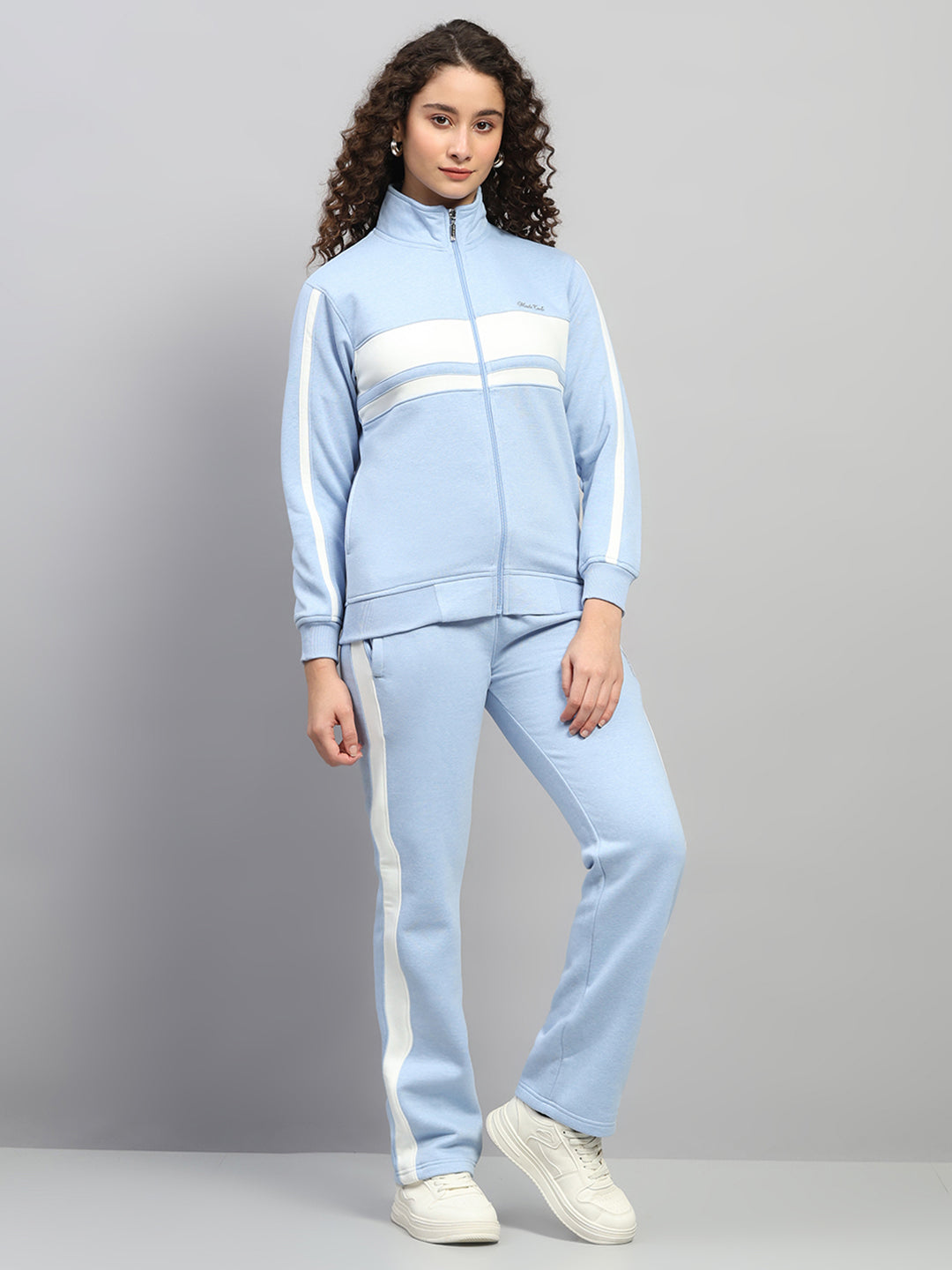 Women Sky Blue Solid Mock Neck Full Sleeve Winter Tracksuit
