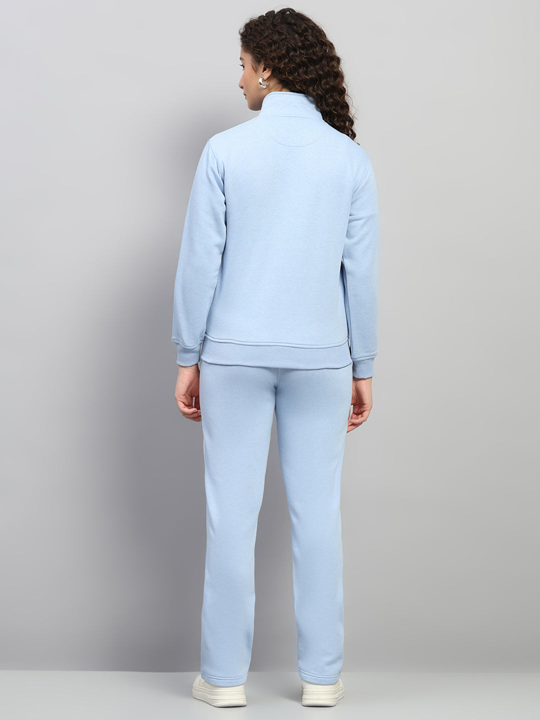 Women Sky Blue Solid Mock Neck Full Sleeve Winter Tracksuit
