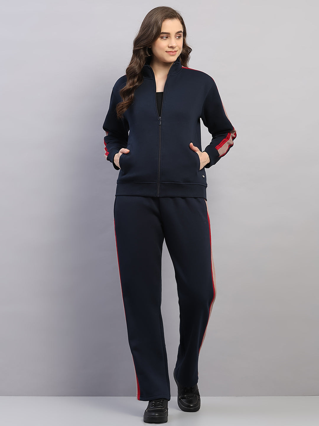 Women Navy Blue Printed Mock Neck Full Sleeve Winter Tracksuit