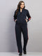 Women Navy Blue Printed Mock Neck Full Sleeve Winter Tracksuit