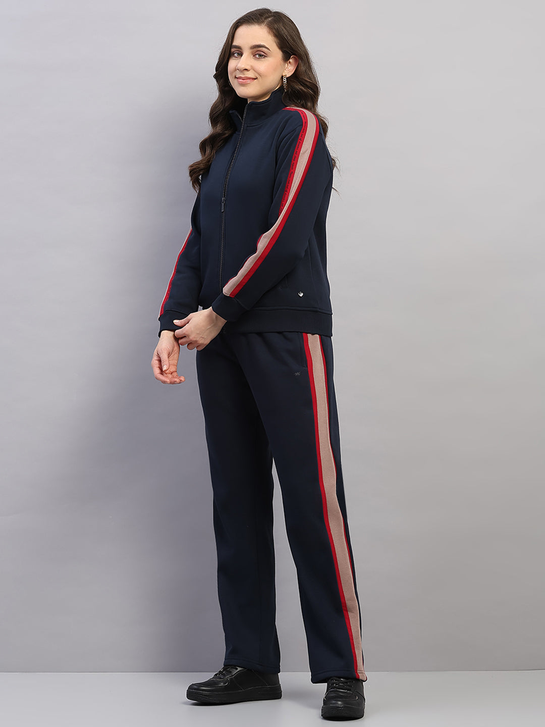 Women Navy Blue Printed Mock Neck Full Sleeve Winter Tracksuit