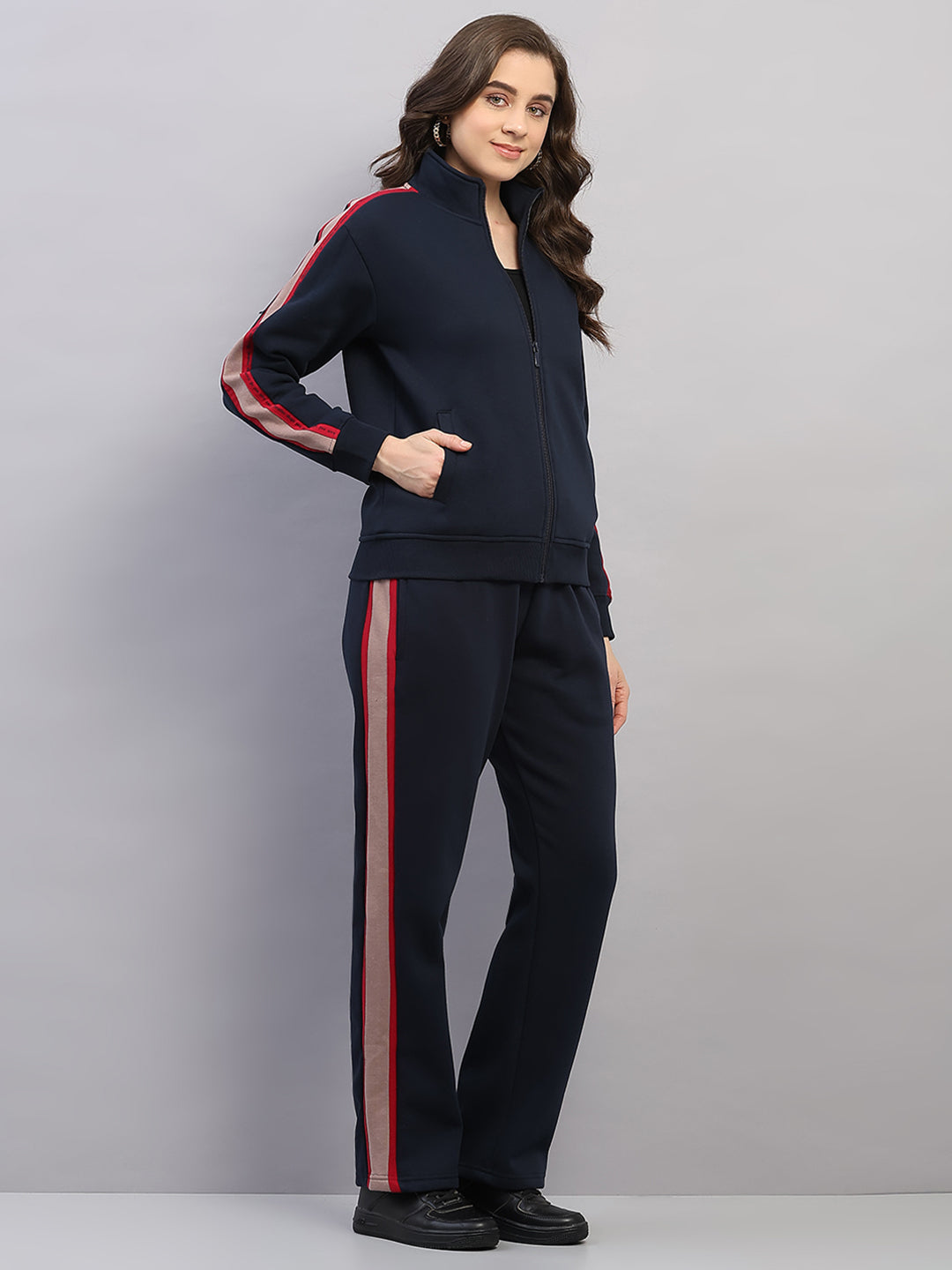 Women Navy Blue Printed Mock Neck Full Sleeve Winter Tracksuit
