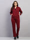 Women Maroon Printed Mock Neck Full Sleeve Winter Tracksuit