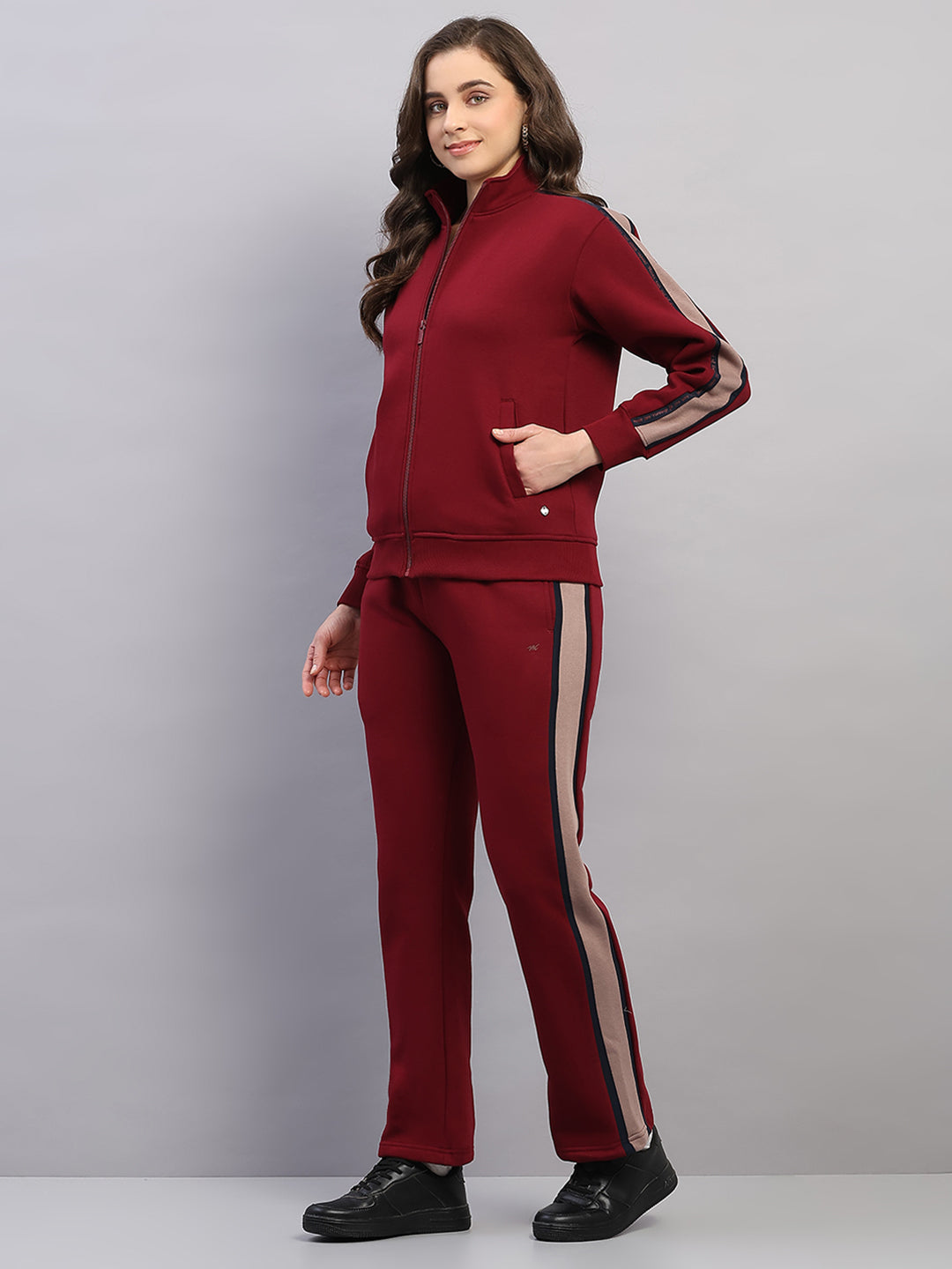 Women Maroon Printed Mock Neck Full Sleeve Winter Tracksuit
