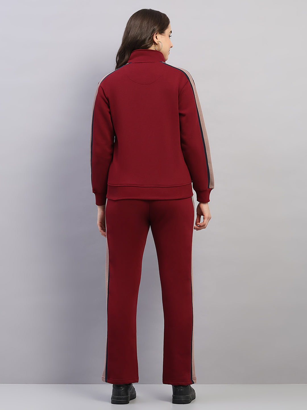 Women Maroon Printed Mock Neck Full Sleeve Winter Tracksuit