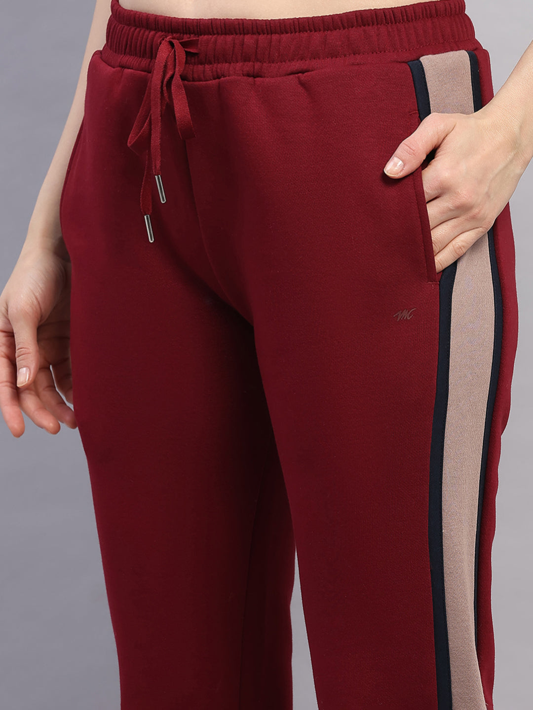 Women Maroon Printed Mock Neck Full Sleeve Winter Tracksuit