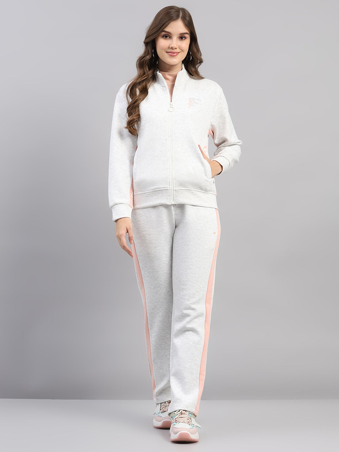 Women Off White Printed Mock Neck Full Sleeve Winter Tracksuit