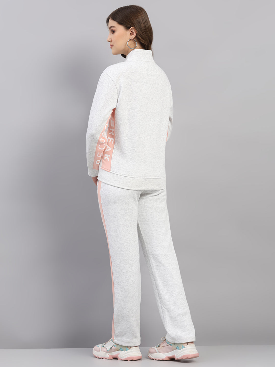 Women Off White Printed Mock Neck Full Sleeve Winter Tracksuit