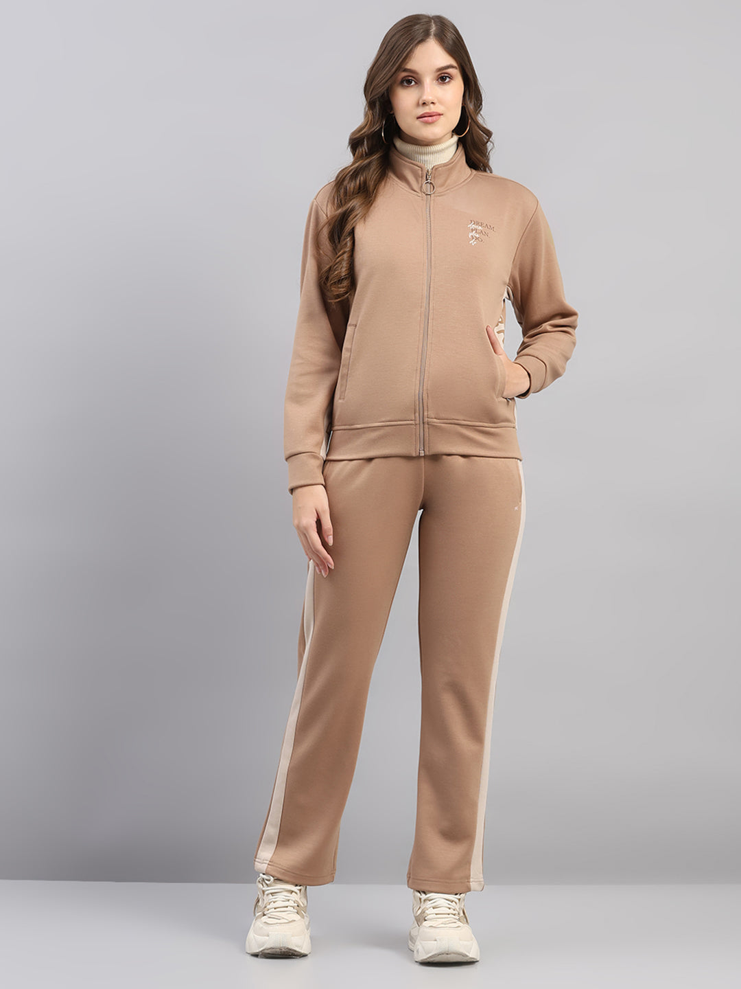 Women Brown Printed Mock Neck Full Sleeve Winter Tracksuit
