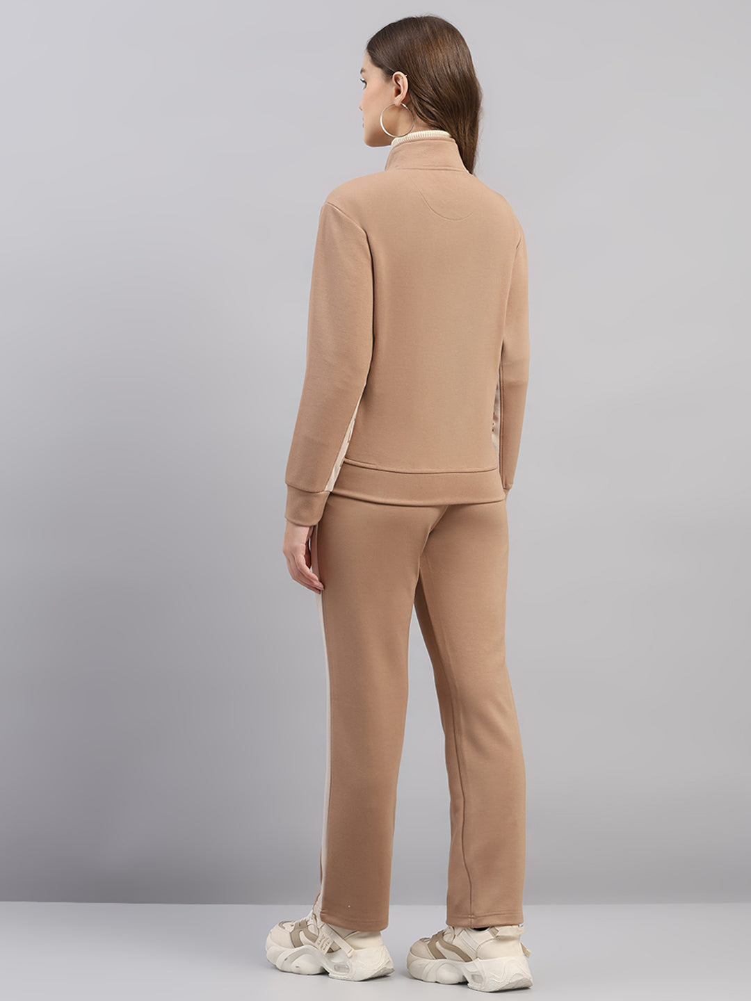 Women Brown Printed Mock Neck Full Sleeve Winter Tracksuit