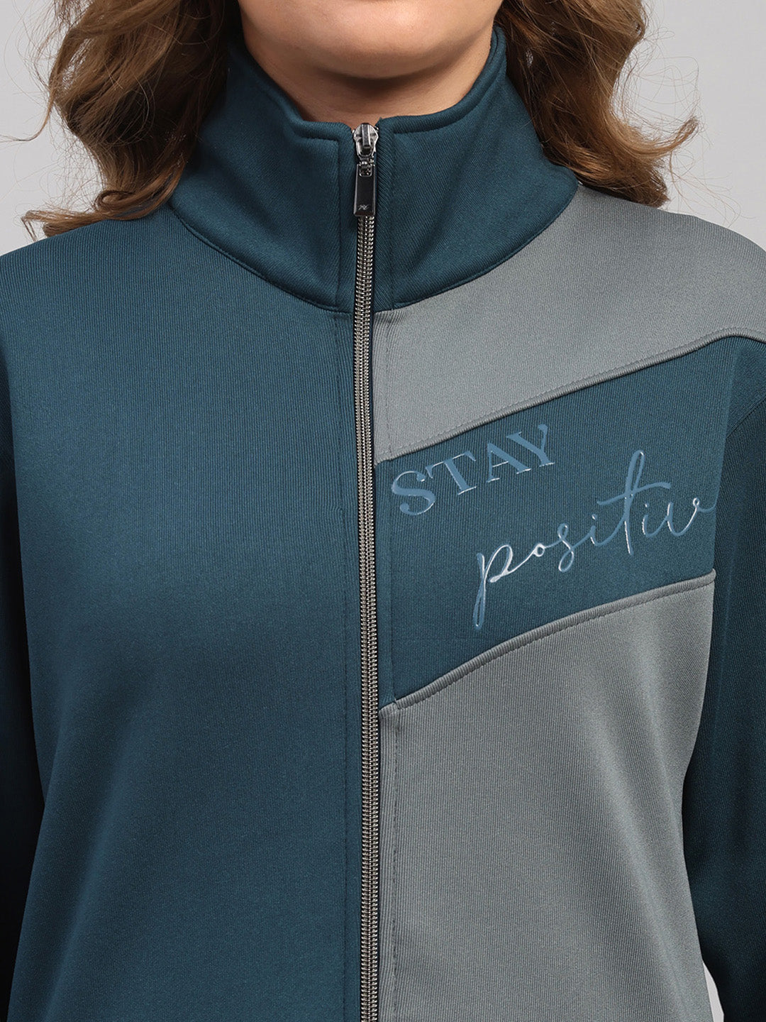 Women Teal Blue Printed Mock Neck Full Sleeve Winter Tracksuit