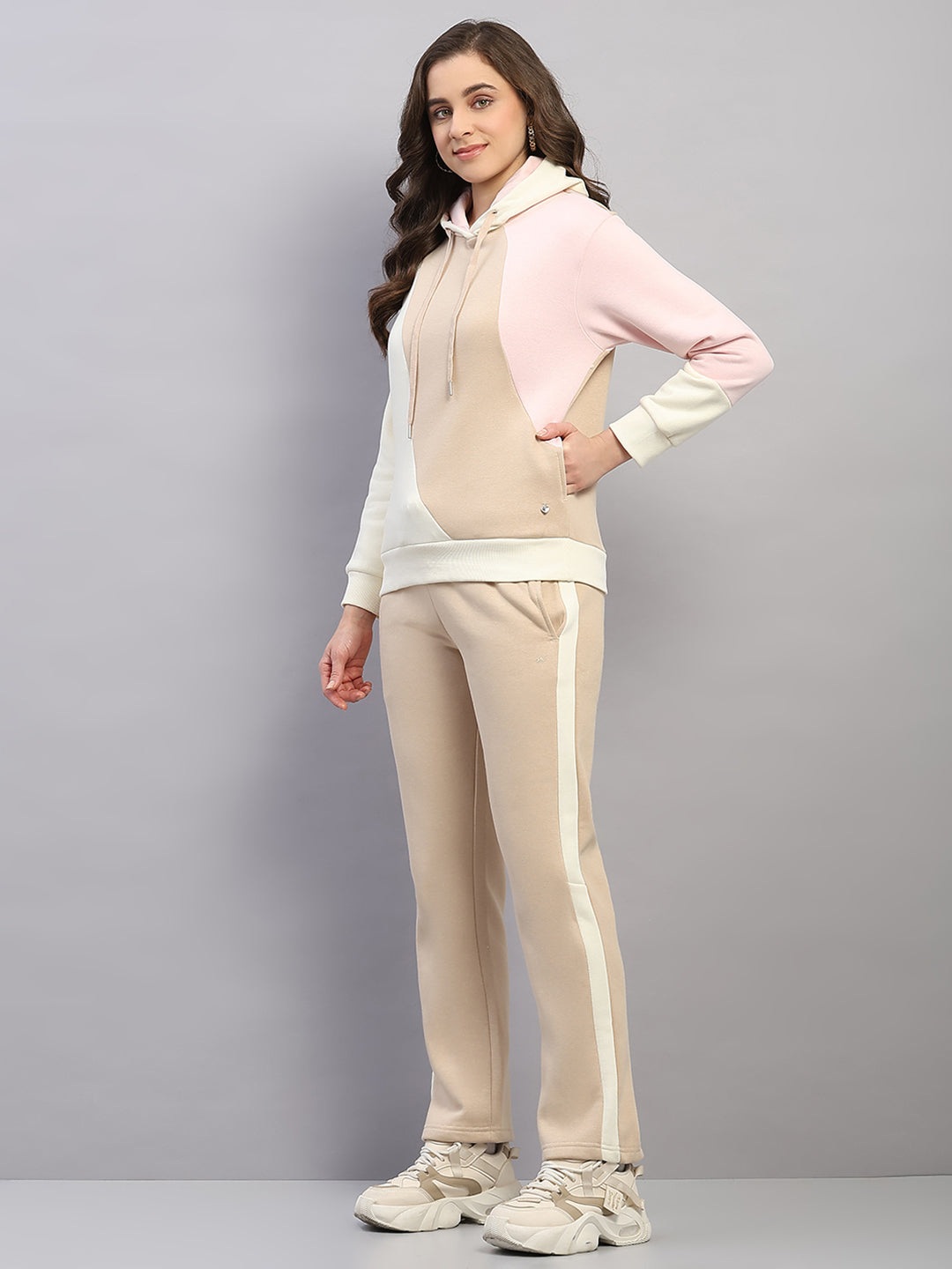 Women Beige Printed Hooded Full Sleeve Winter Tracksuit