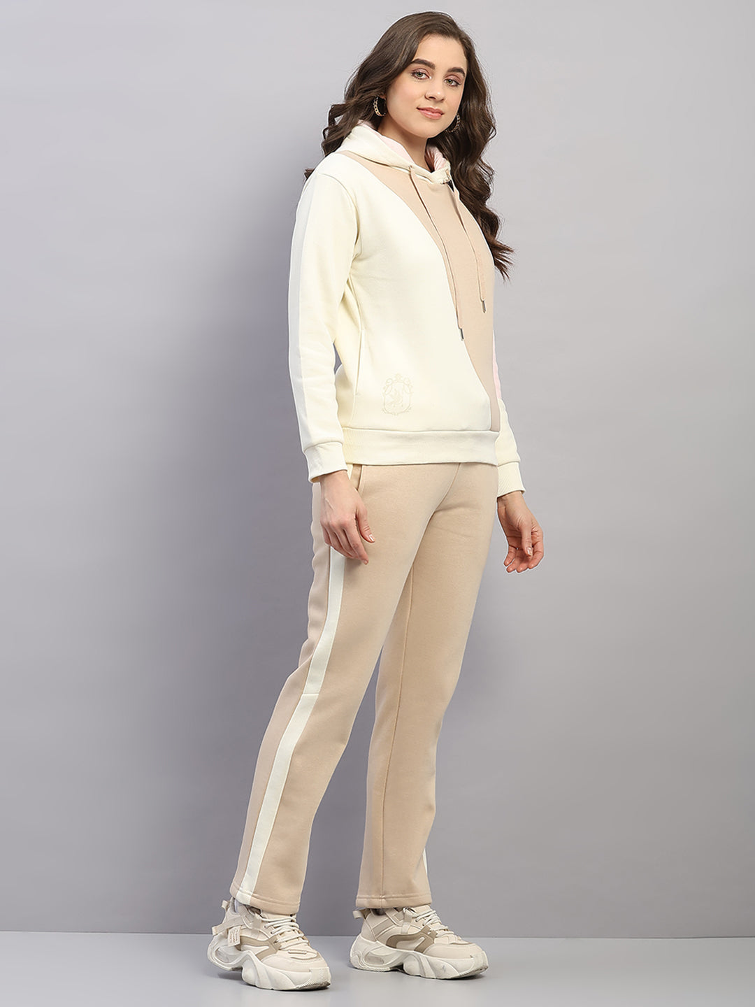 Women Beige Printed Hooded Full Sleeve Winter Tracksuit