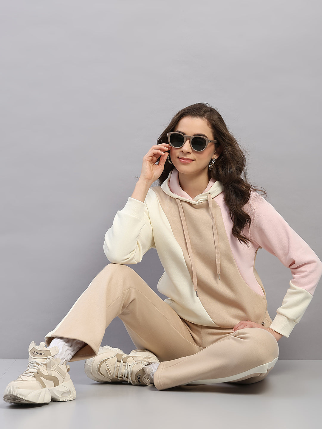 Women Beige Printed Hooded Full Sleeve Winter Tracksuit