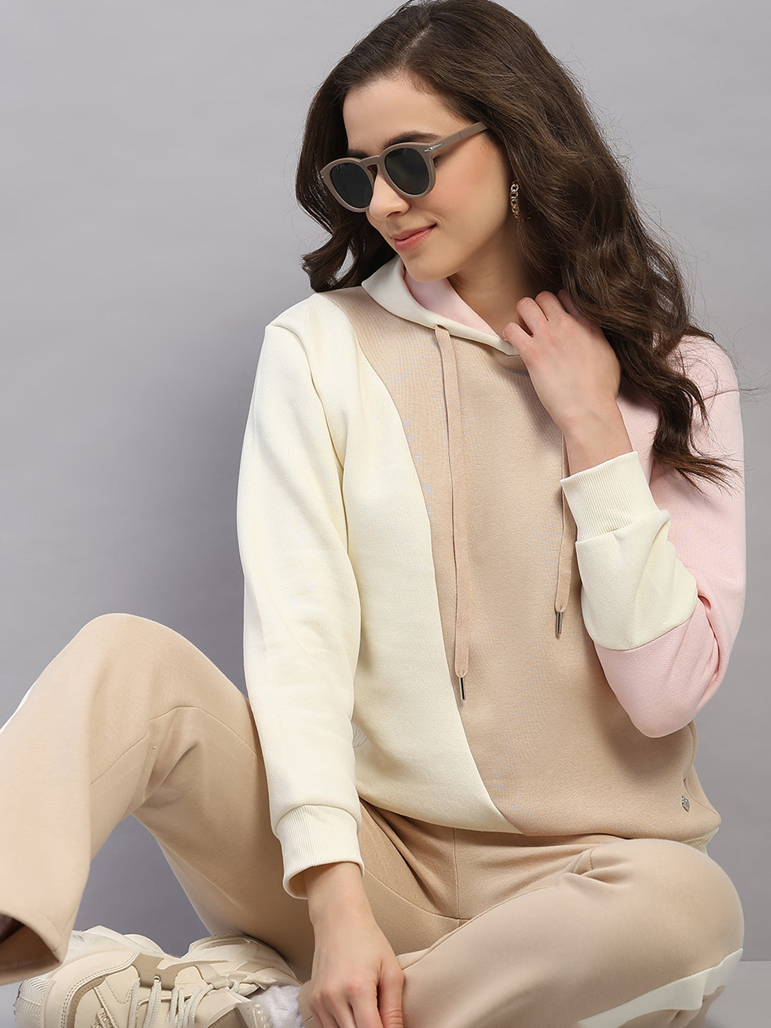 Women Beige Printed Hooded Full Sleeve Winter Tracksuit