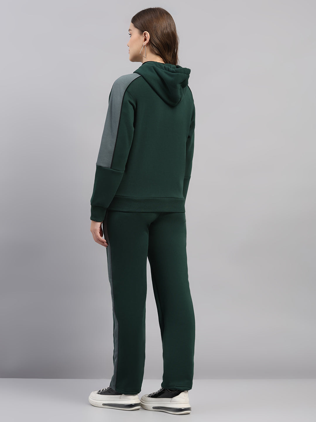 Women Green Printed Hooded Full Sleeve Winter Tracksuit